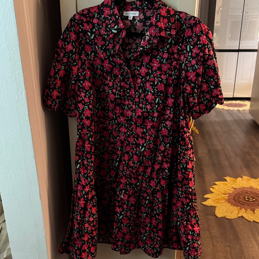 Black Mini Dress with Red Floral Print
